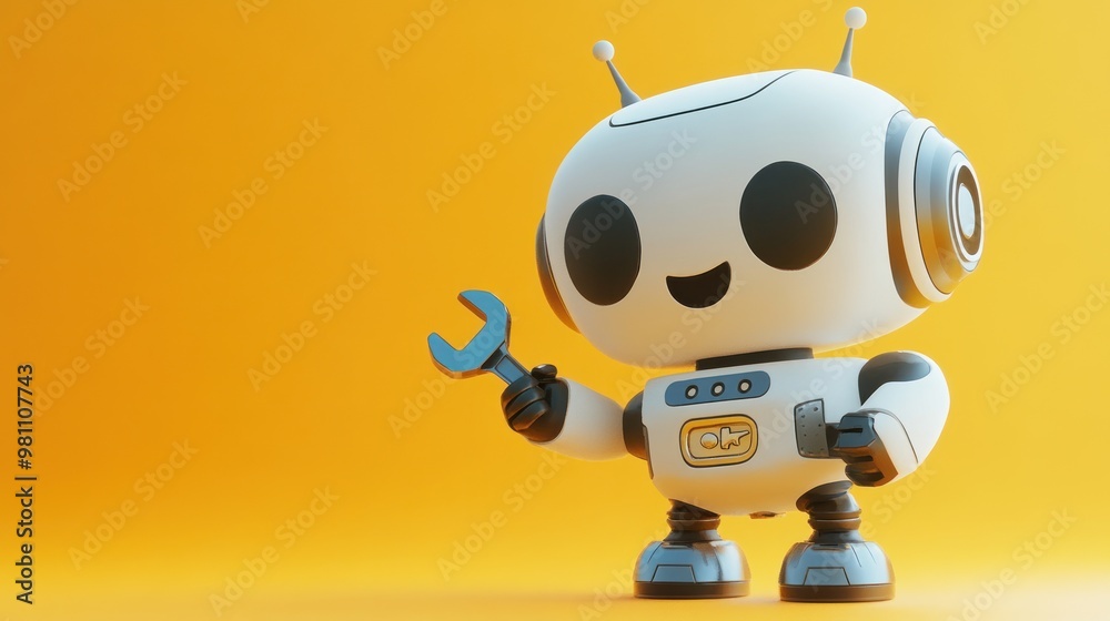 A cheerful robot holding a wrench against a bright yellow background. A cheerful robot holding a wrench against a bright yellow background.