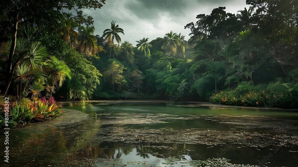 Tranquil views of tropical forests surrounding a tranquil lagoon. With the lush greenery reflected in the clear blue waters. It creates a beautiful and peaceful atmosphere. Tranquil views of tropical forests surrounding a tranquil lagoon. With the lush greenery reflected in the clear blue waters. It creates a beautiful and peaceful atmosphere.