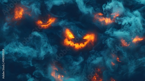 Abstract Halloween Background with Glowing Faces in Smoke