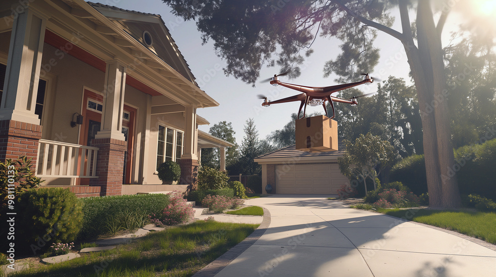 Drones are transporting packages to the destination home. The concept of using unmanned aerial vehicles to deliver fast, safe, and accurate automated cargo transport without human couriers. Drones are transporting packages to the destination home. The concept of using unmanned aerial vehicles to deliver fast, safe, and accurate automated cargo transport without human couriers.