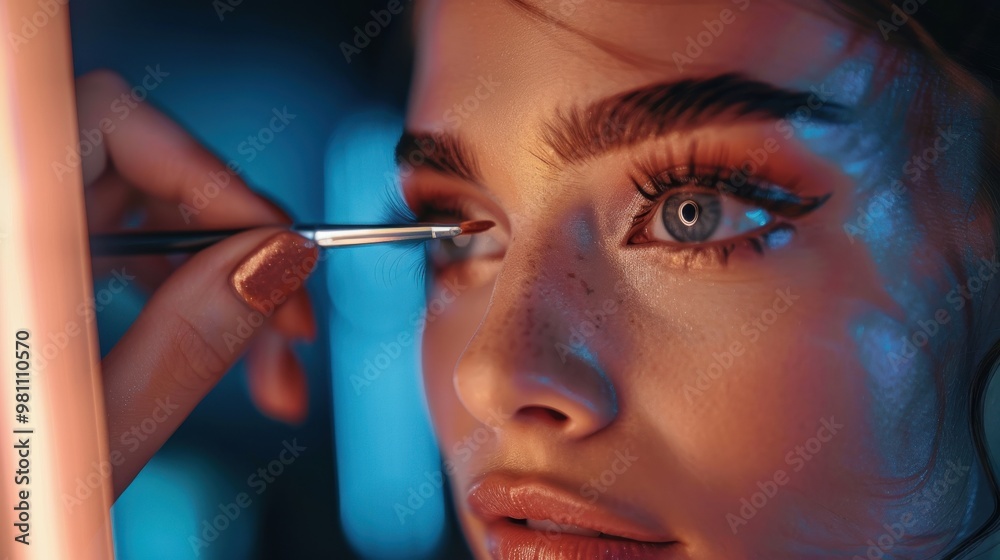 Obraz premium A beauty expert gives an online tutorial on eyebrow shaping, using a mirror and precise tools, with soft lighting enhancing the scene