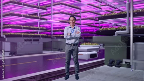 Full Body Shot Captures Of An Asian Male Professional Worker Standing In Vertical Farm, High-tech Industrial Facility, His Broad Smile At The Camera And Cross His Arm Over His Chest photo