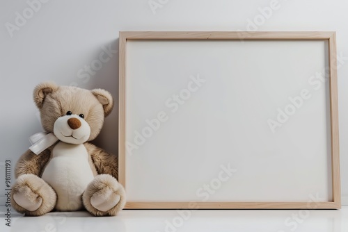 Blank white picture frame mockup in a bright simple childrens room interior. Eco friendly child wooden empty poster, toys white wall. Paper template and stylish scandinavian newborn cozy decoration.
