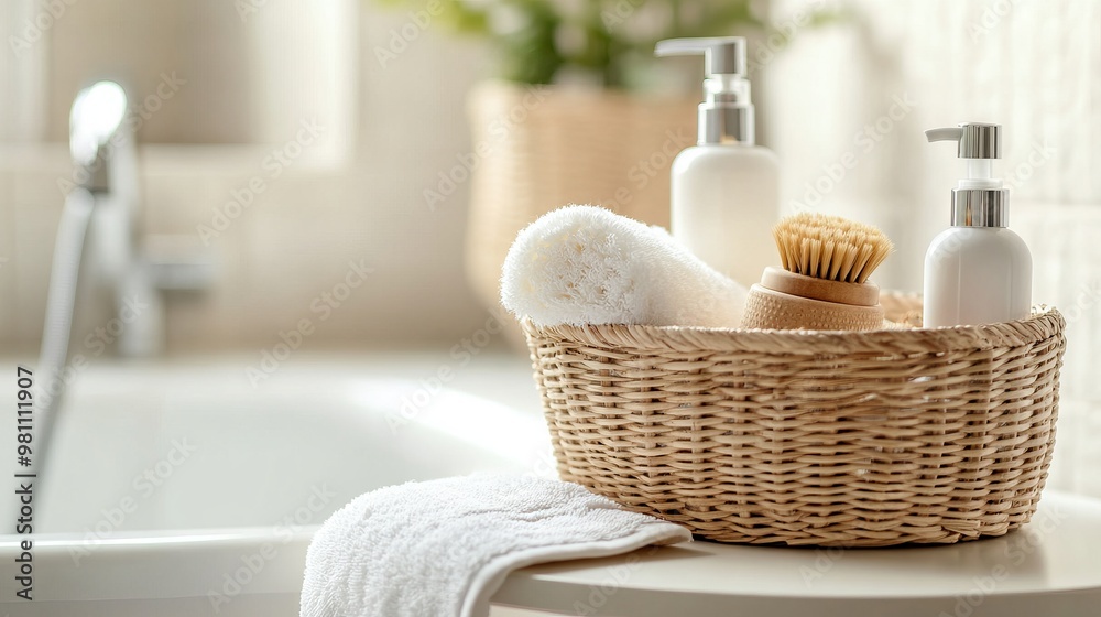 Wicker Basket with Cleaning Products and Brush on Bathroom Table. AI generated illustration Wicker Basket with Cleaning Products and Brush on Bathroom Table. AI generated illustration