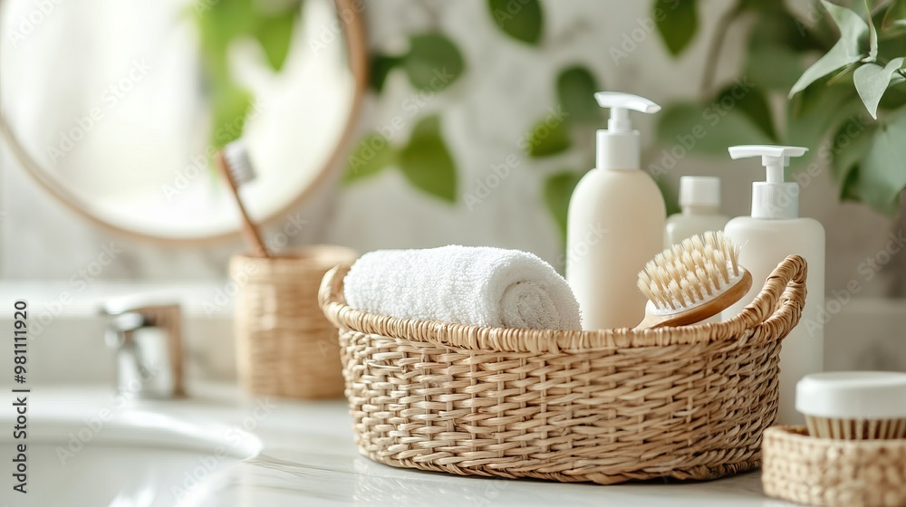 Wicker Basket with Cleaning Products and Brush on Bathroom Table. AI generated illustration Wicker Basket with Cleaning Products and Brush on Bathroom Table. AI generated illustration