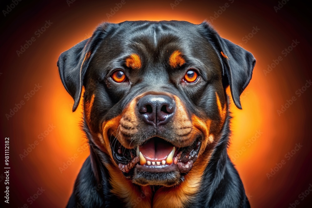 Fierce rottweiler portrait with menacing eyes and exposed teeth against a vibrant orange background, conveying intensity and strength in a bold, striking image. Fierce rottweiler portrait with menacing eyes and exposed teeth against a vibrant orange background, conveying intensity and strength in a bold, striking image.