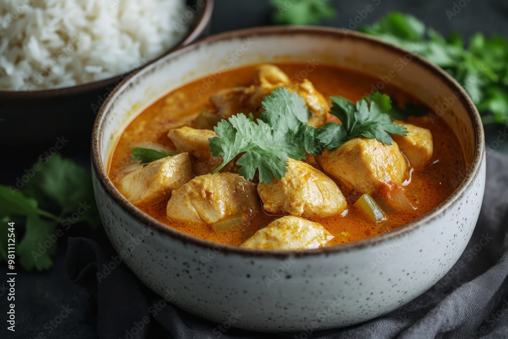 a delectable, golden-brown chicken massaman curry, served in a delicate, white ceramic bowl, adorned with a few sprigs of fresh cilantro and a side of steamed jasmine rice, on a dark, moody a delectable, golden-brown chicken massaman curry, served in a delicate, white ceramic bowl, adorned with a few sprigs of fresh cilantro and a side of steamed jasmine rice, on a dark, moody