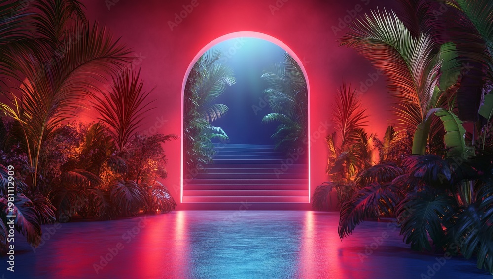 3D Rendering of an Arch Entrance with Stairs and Plants, Mysterious Lighting in Red, Pink, and Blue -- AI generated illustration