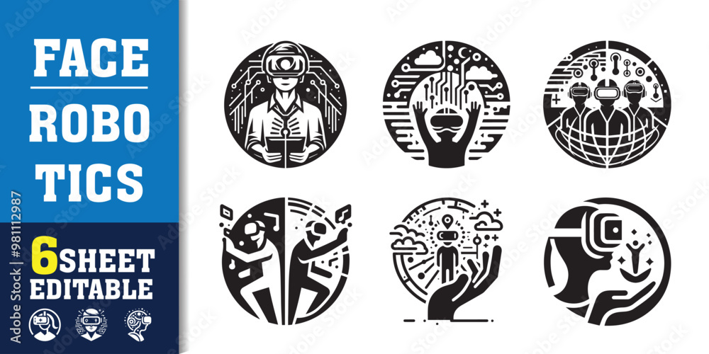 Obraz premium Face robotics Artificial intelligence icon collection. machine learning, data science, AI, virtual assistant, generative AI, technology. Line vector icons set.