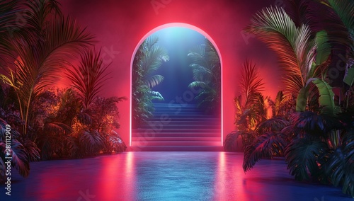 Obraz na płótnie 3D Rendering of an Arch Entrance with Stairs and Plants, Mysterious Lighting in Red, Pink, and Blue -- AI generated illustration w salonie