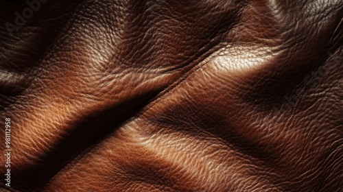 Rich brown leather surface texture offering an elegant backdrop with detailed grain patterns and shadows creating a warm and luxurious feel