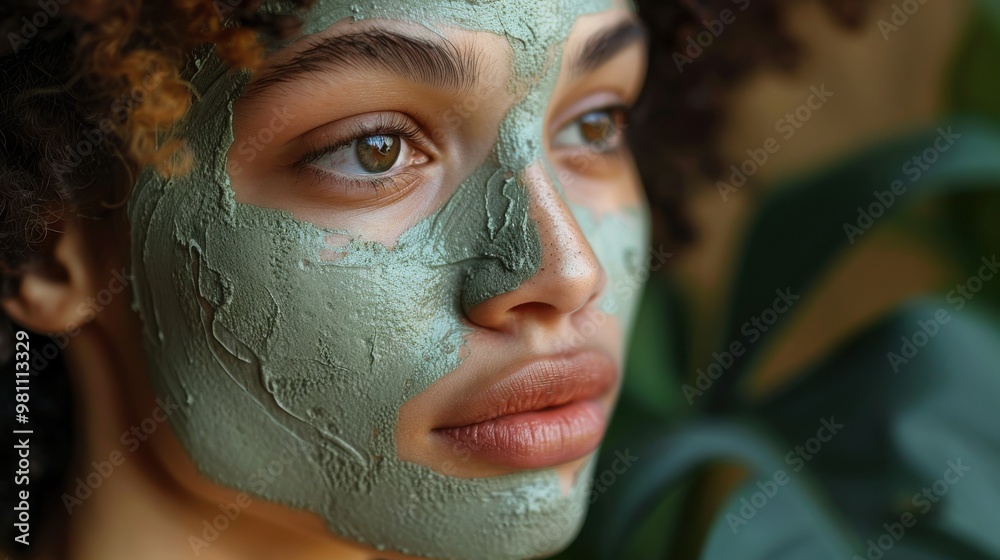 A close-up shot of a woman applying a clay mask to her cheeks, the texture of the mask clearly visible. The soft natural light enhances the fine details of her skin and the product A close-up shot of a woman applying a clay mask to her cheeks, the texture of the mask clearly visible. The soft natural light enhances the fine details of her skin and the product