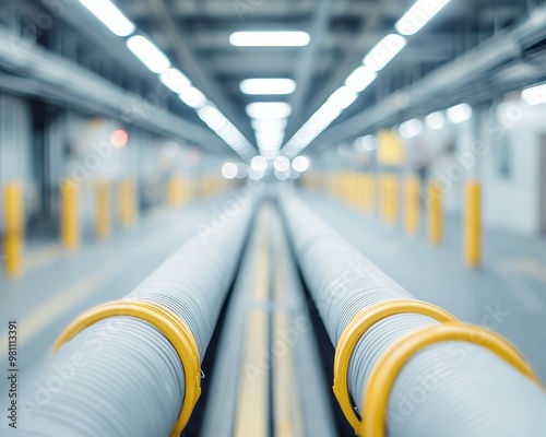 Two large industrial pipes run down a long corridor, with yellow support brackets and bright overhead lights. photo