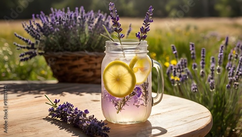 A glass of lavender lemonade garnished with lemon slices and sprigs of lavender mason jar with straw photo