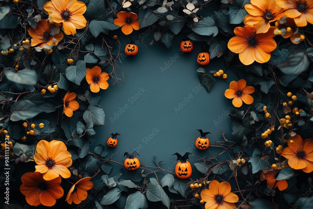 A whimsical Halloween flower frame featuring vibrant blooms with bat-shaped petals and tiny jack-o'-lanterns nestled among the vines A whimsical Halloween flower frame featuring vibrant blooms with bat-shaped petals and tiny jack-o'-lanterns nestled among the vines