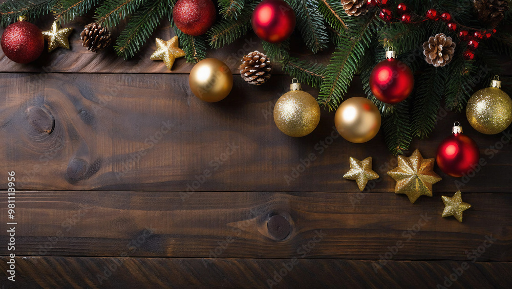 A variety of Christmas ornaments and decorations displayed on a warm wooden surface, evoking holiday cheer, Generative AI. A variety of Christmas ornaments and decorations displayed on a warm wooden surface, evoking holiday cheer, Generative AI.