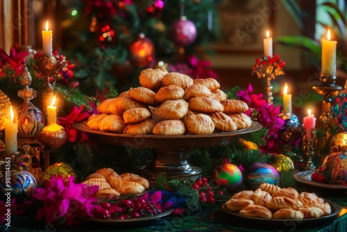 a festive brazilian christmas table with a large plate of rabanadas, surrounded by candles, flowers, and colorful ornaments