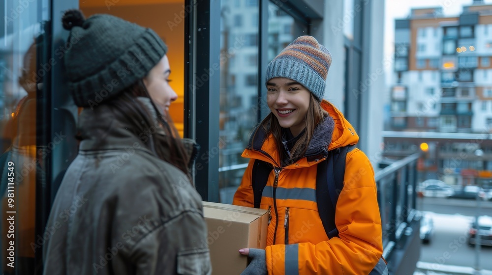 With a cityscape in the backdrop, a delivery woman in a vibrantly colored uniform stands at the door of a contemporary apartment and gives a package to a grinning customer. With a cityscape in the backdrop, a delivery woman in a vibrantly colored uniform stands at the door of a contemporary apartment and gives a package to a grinning customer.