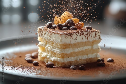 deconstructed tiramisu floating in zero gravity coffee droplets and cocoa dust form artistic patterns around suspended layers of mascarpone and ladyfingers