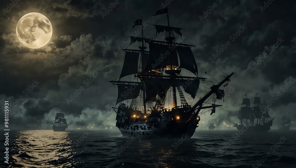 Fototapeta premium 1750 pirate galleon with black sails and golden cannons under a full moon and fog.