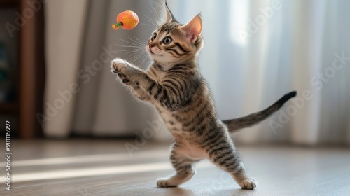 Playful Chausie Kitten Leaping Towards Toy in Natural Light - Athletic Feline Fun photo