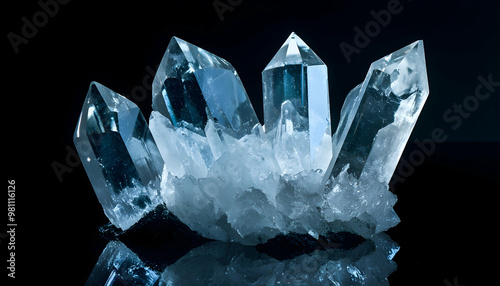 Quartz crystal formation with reflection on black support and background Mineral quartz made of silica SiO2    photo