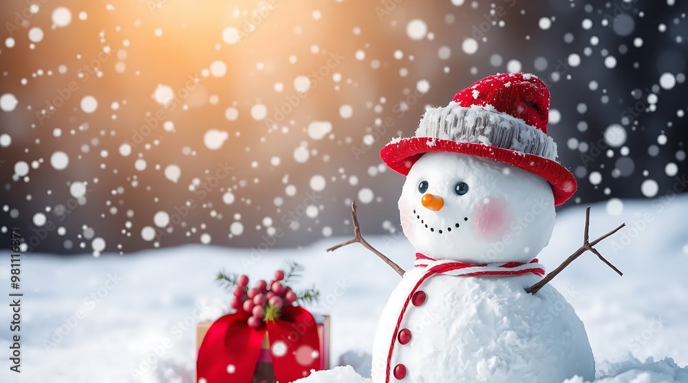 Fototapeta premium Festive Snowman with Red Hat in Winter Snowfall