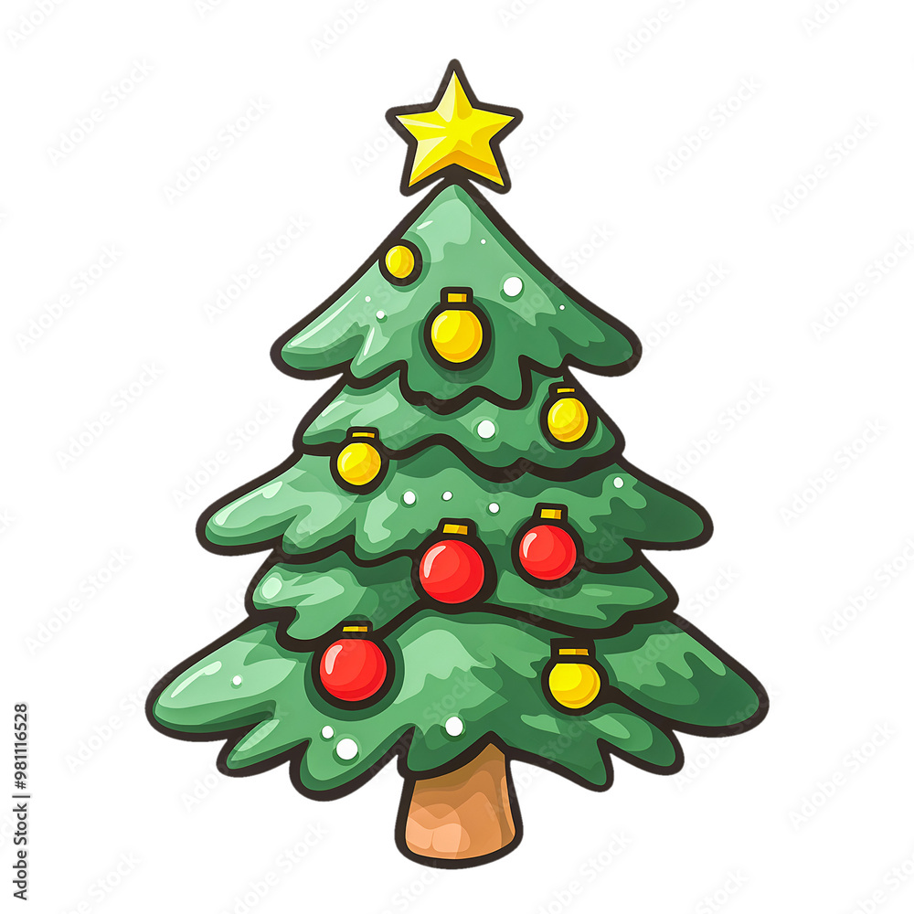 Christmas tree with yellow and red balls and star isolated on transparent background. Illustration. Christmas tree with yellow and red balls and star isolated on transparent background. Illustration.