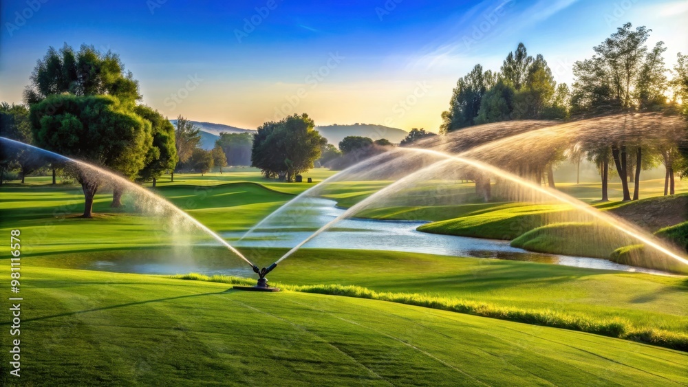A stock photo of irrigation system watering a golf course field A stock photo of irrigation system watering a golf course field