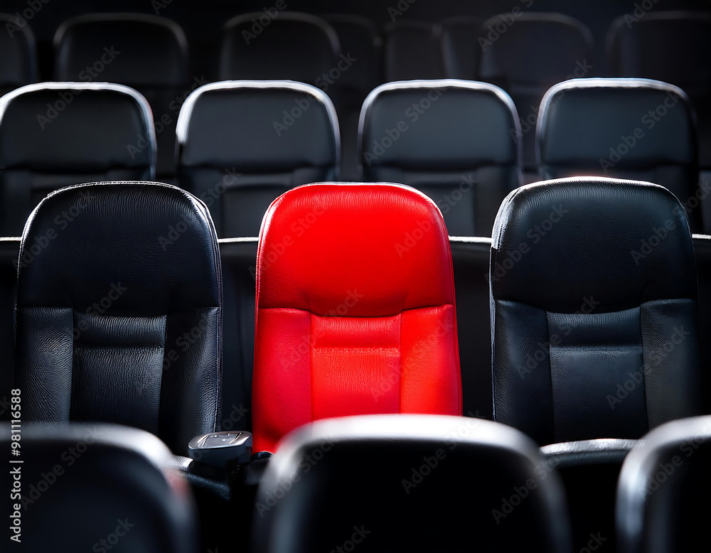 Obraz premium One red seat among black seats – A standout red cinema seat among a row of black ones, high_1(273)