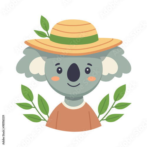 Cute koala in a straw hat. Vector illustration.