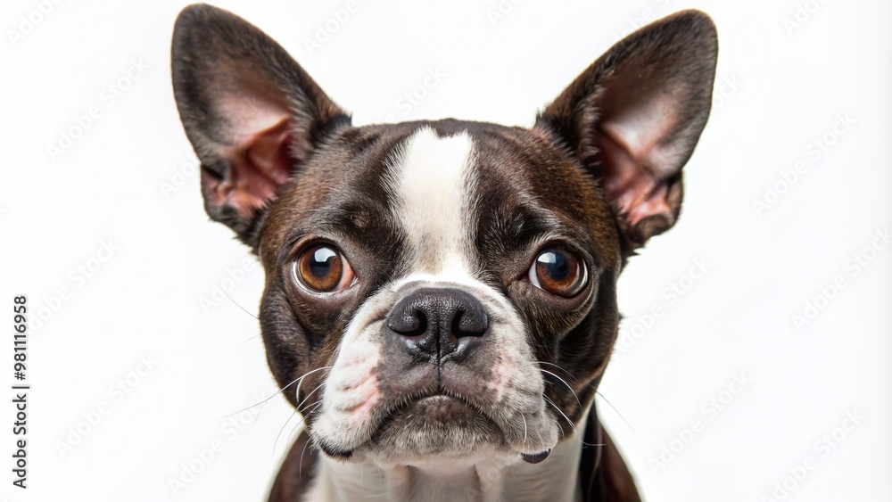 Charming Boston terrier with big brown eyes and adorable wrinkled face poses against a clean white background, showcasing its playful and affectionate personality. Charming Boston terrier with big brown eyes and adorable wrinkled face poses against a clean white background, showcasing its playful and affectionate personality.