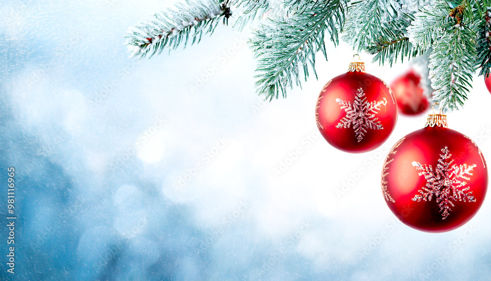 Rote Christbaumkugeln am Tannenbaum mit Textfreiraum Rote Christbaumkugeln am Tannenbaum mit Textfreiraum
