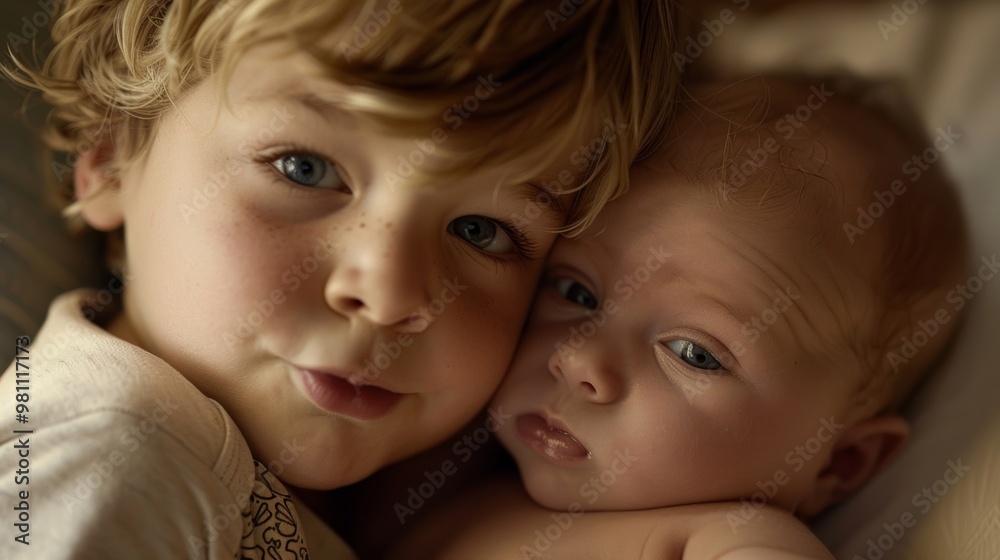 Siblings Together: A Sweet Moment of a Boy and Baby Sharing Love and Joy in an Intimate Setting Siblings Together: A Sweet Moment of a Boy and Baby Sharing Love and Joy in an Intimate Setting