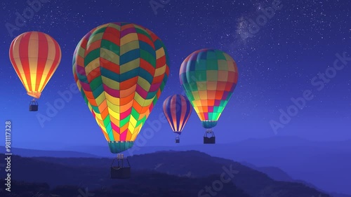 Colorful Hot Air Balloons Soaring Over Mountains On A Starry Night