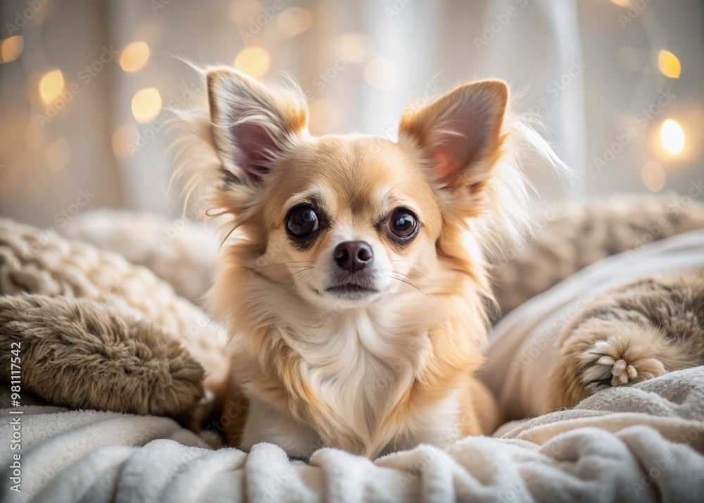 Adorable Chihuahua with big brown eyes and fluffy fur lying comfortably on a soft, wrinkled bed sheet, surrounded by pillows in a cozy bedroom setting. Adorable Chihuahua with big brown eyes and fluffy fur lying comfortably on a soft, wrinkled bed sheet, surrounded by pillows in a cozy bedroom setting.