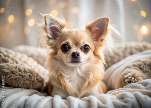 Adorable Chihuahua with big brown eyes and fluffy fur lying comfortably on a soft, wrinkled bed sheet, surrounded by pillows in a cozy bedroom setting.