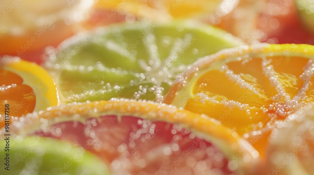 Colorful citrus slices covered in sugar create a sweet and vibrant display for desserts or healthy snacks.