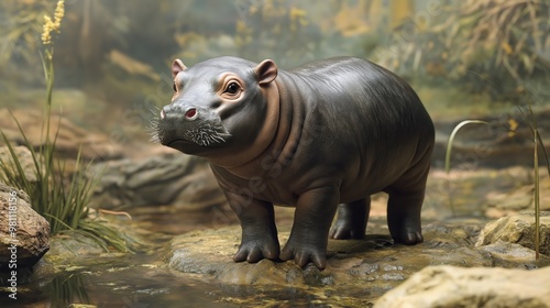 super cute close up portrait of a baby hippopotamus standing smiling at camera, funny wildlife or zoo vibes photo