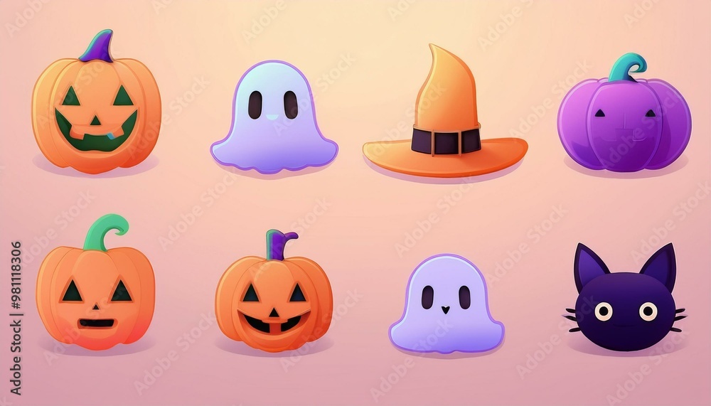 Classic Halloween Icons: A set of simple, flat icons featuring classic Halloween symbols like a pumpkin, ghost, bat, witch hat, black cat, and spider. 3D icon set halloween. 3D halloween. icon Classic Halloween Icons: A set of simple, flat icons featuring classic Halloween symbols like a pumpkin, ghost, bat, witch hat, black cat, and spider. 3D icon set halloween. 3D halloween. icon