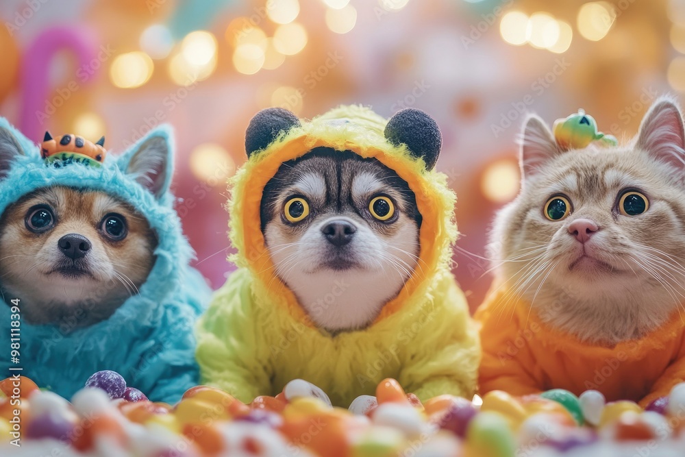Obraz premium Playful scene of pets wearing monster costumes, with colorful Halloween decorations like candy corn and glowing pumpkins scattered around