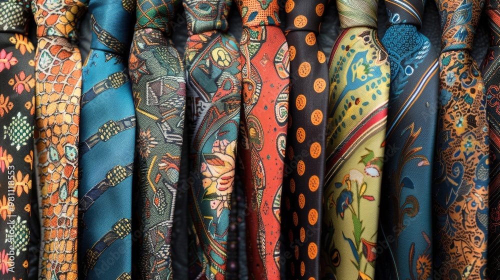 A collection of colorful ties displayed on a rack, suitable for fashion or interior design inspiration A collection of colorful ties displayed on a rack, suitable for fashion or interior design inspiration