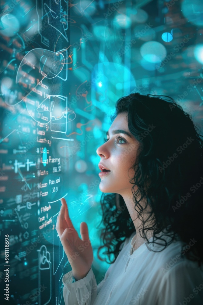 A woman stands in front of a blackboard with diagrams, suitable for educational or presentation purposes