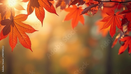 illustration in watercolor style: Red and orange autumn leaves frame a sunny blurred vertical background