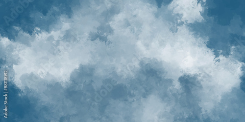 Abstract Bright and shinny cloudy sky blue watercolor background. Watercolor paper textured illustration with splashes of blue colored. Hand painted abstract soft sky blue watercolor sky and clouds