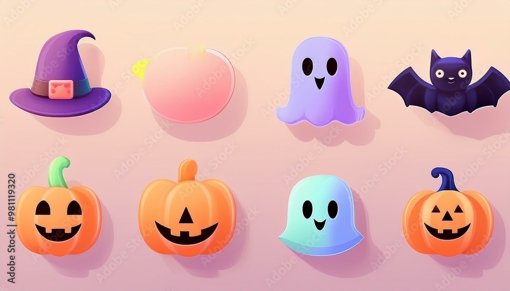 Classic Halloween Icons: A set of simple, flat icons featuring classic Halloween symbols like a pumpkin, ghost, bat, witch hat, black cat, and spider. 3D icon set halloween. 3D halloween. icon Classic Halloween Icons: A set of simple, flat icons featuring classic Halloween symbols like a pumpkin, ghost, bat, witch hat, black cat, and spider. 3D icon set halloween. 3D halloween. icon