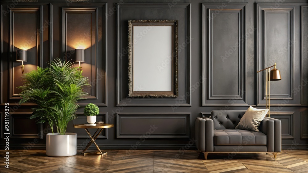 render of a mock-up poster frame in a dark classic interior modern style render of a mock-up poster frame in a dark classic interior modern style