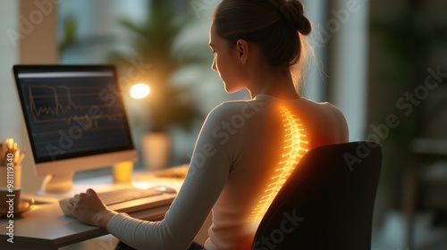 A woman with bad posture with a curved spine and sitting at her desk working on laptop. Skleos, lardoz and spinal problems photo