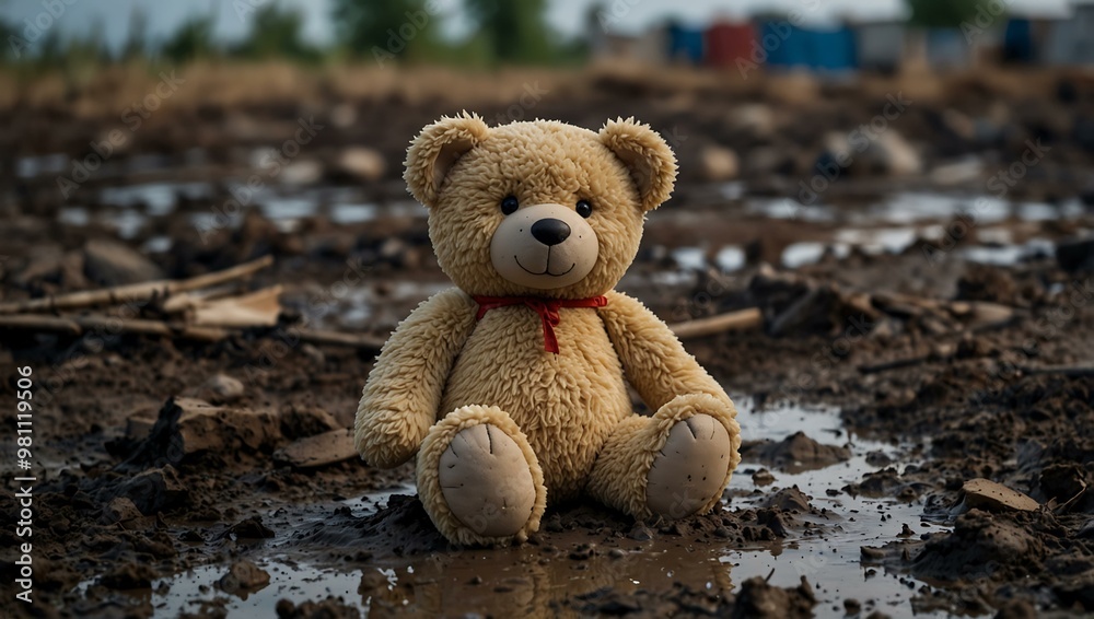 Abandoned stuffed toy in mud amidst refugee camp debris.