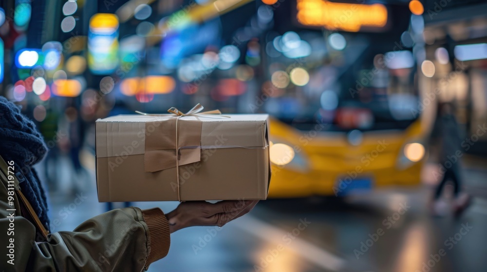 Obraz premium Delivery person handing over a package at a busy urban transit station with buses and commuters in the background.